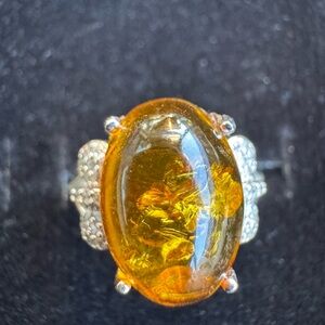 FINAL SALE Real Amber Ring with White Topaz accents in 925 Sterling Silver NWOT